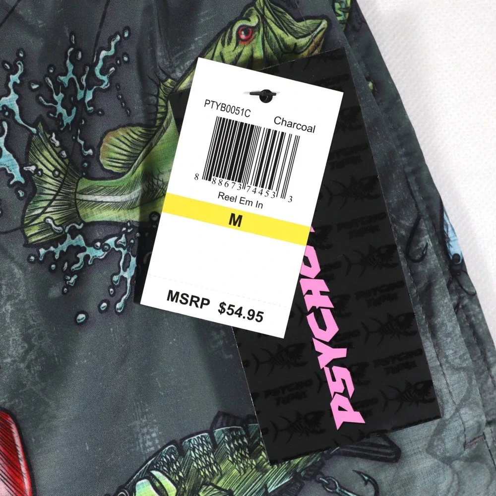 Psycho Tuna Swim Trunks Mens M Charcoal Reel Em‎ In Bass Fishing Shorts Beach